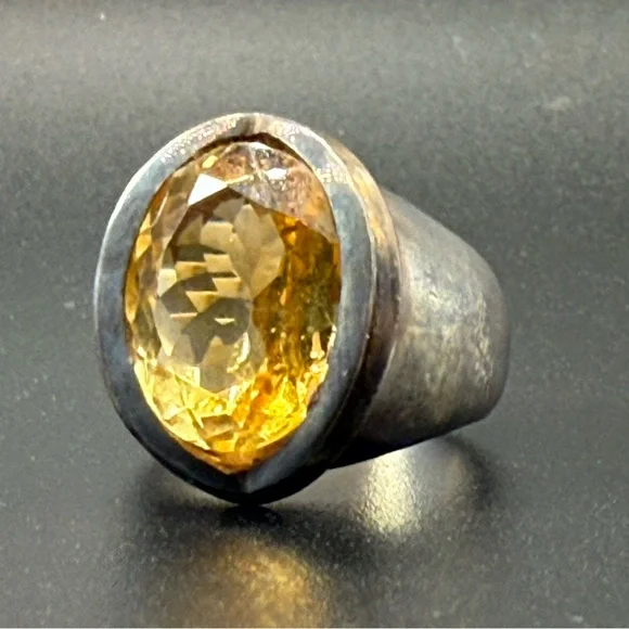 Vintage Sterling Silver 925 Huge Yellow Citrine Ring - Picture 2 of 6
